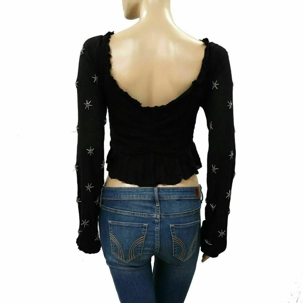 Urban Outfitters UO Jessa Embellished Peplum Cropped Blouse Top Ruffle M
